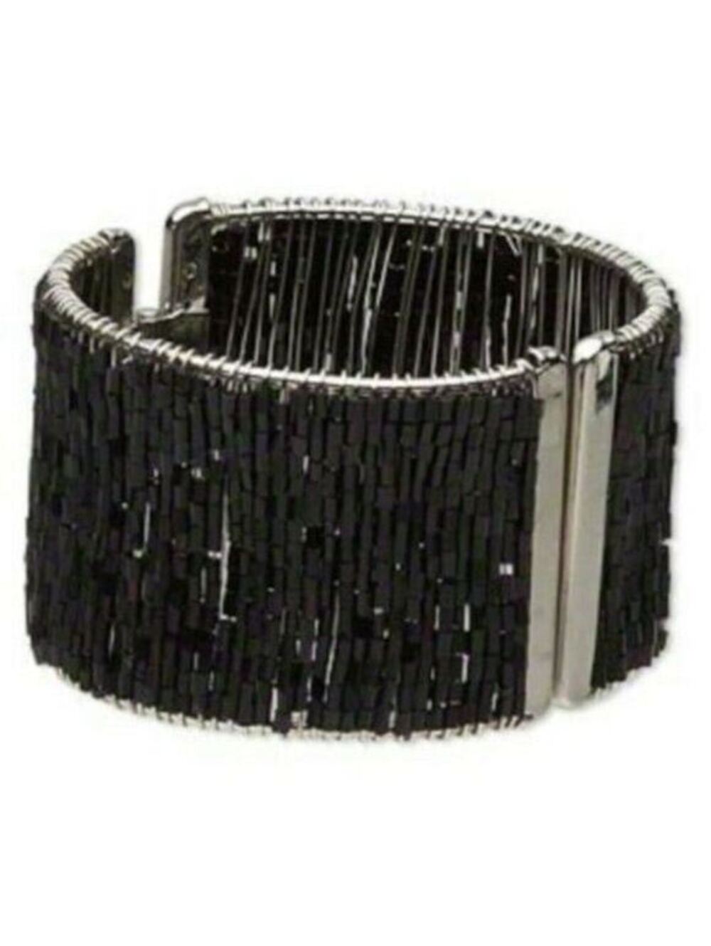 Black Silver Glass Beaded Hinged Bangle Bracelet with Silver Tone Metal